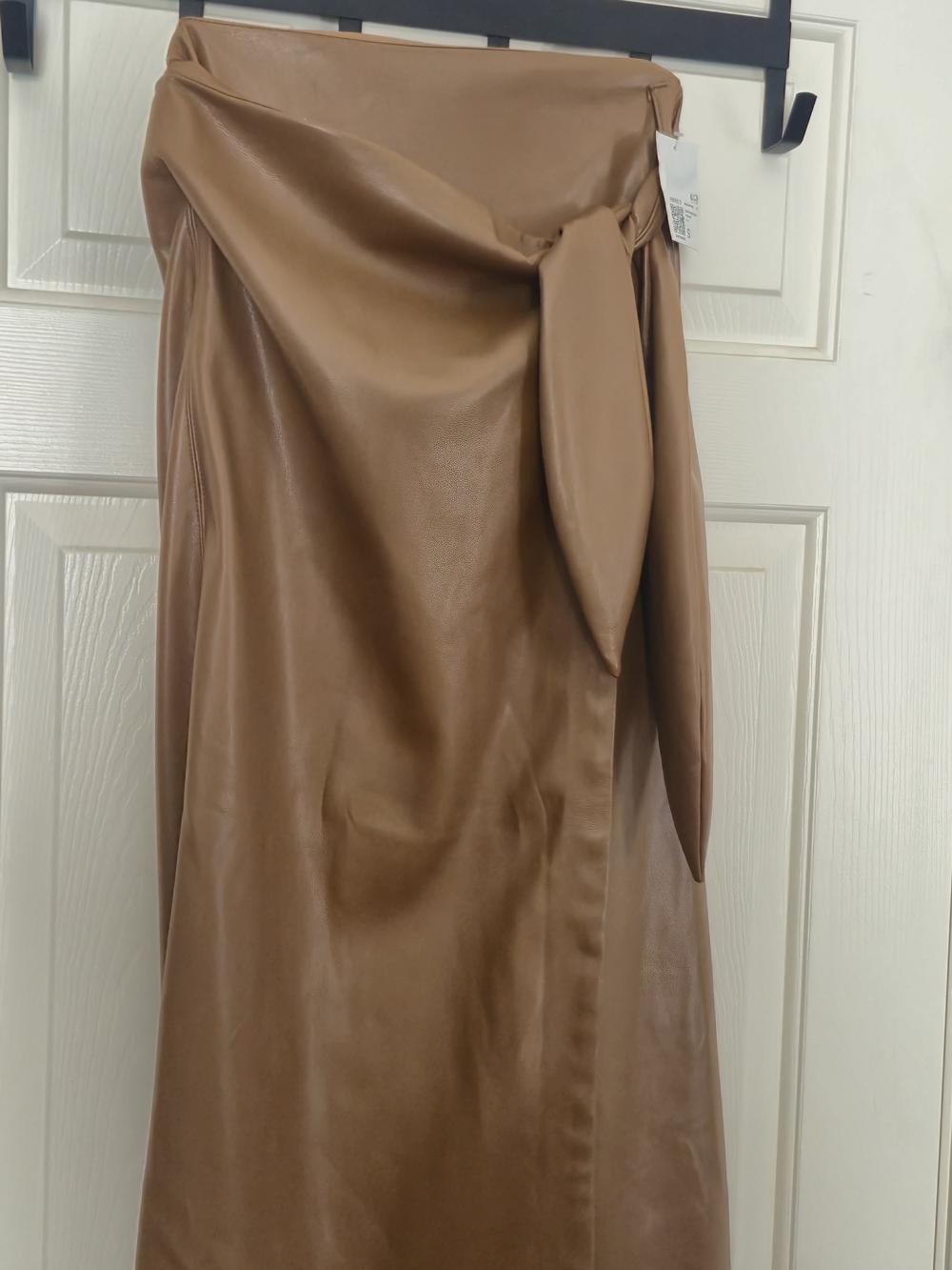 Faux Leather Midi Skirt with Side Tie - Caramel